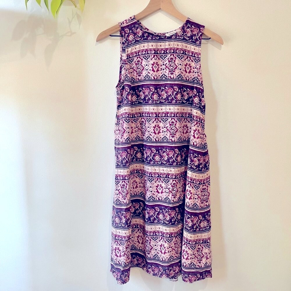 Beach Lunch Lounge Sleeveless Dress XS Pink Purple Floral Stripe Boho India